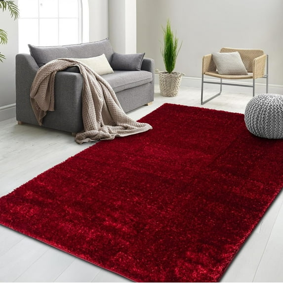 HR Plush Red Solid Color Shag Rug - Thick Pile, High-End, Soft & Cozy Floor Carpet for Bedroom & Living Room