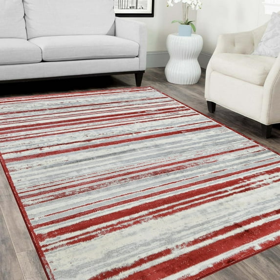 HR Red & Gray Rugs Stripped Pattern Area Rug 8x10 Contemporary Carpet Gray Ultra-Soft Luxury Living Room Area Rugs