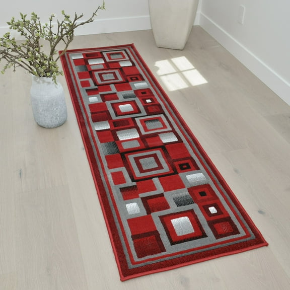 HR Rugs Red Gray and Black Abstract Geometric Modern Squares Pattern Area Rug 1'97" x 7'2"