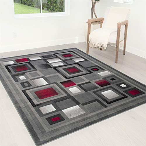 Geometric Square Pattern Area Rug HR-Rugs Red Lava/Silver/Gray Abstract Geometric Modern Squares Pattern ...