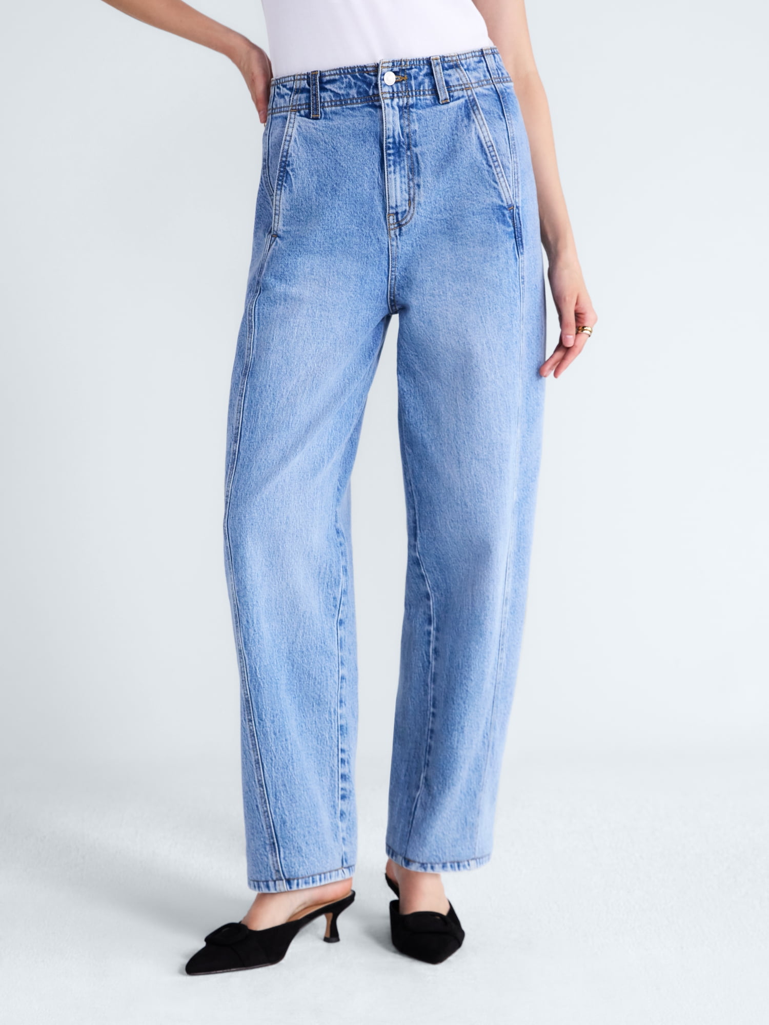Free Assembly Women's and Women's Plus Side Panel Barrel Jeans, 30" Inseam, Sizes 0-28W