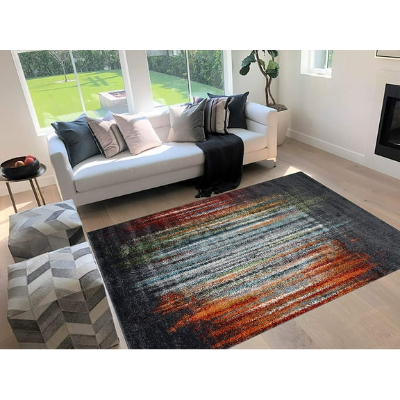 HR Stripped Pattern Area Rugs Faded Distressed Modern Abstract Design Multi Color 7'8" x 10'