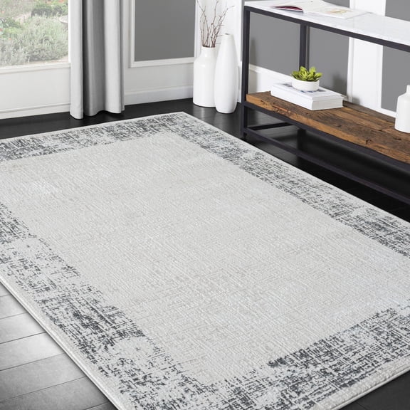 HR Super Soft Polyester Abstract Area Rug Bordered in Gray, Ivory & Multi-Color - Elegant Frame Pattern for Cozy and Stylish Living Spaces
