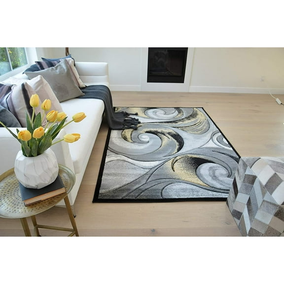 HR Swirls Abstract Design Modern Contemporary Hand Carved Area Rug Gold/Light Mustard/Gray 5' x 7'