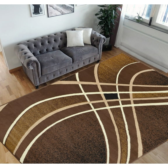 HR Swirls Pattern Area Rug 5x7 Geometric Pattern Modern Brown Chocolate Carpet Comfy shed Free Stain Resistant