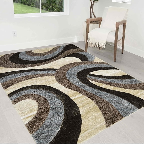 HR Swirls Thick Soft Plush 3D Textured Rug 5' x 7' Area Rugs, Mocha and Multicolor