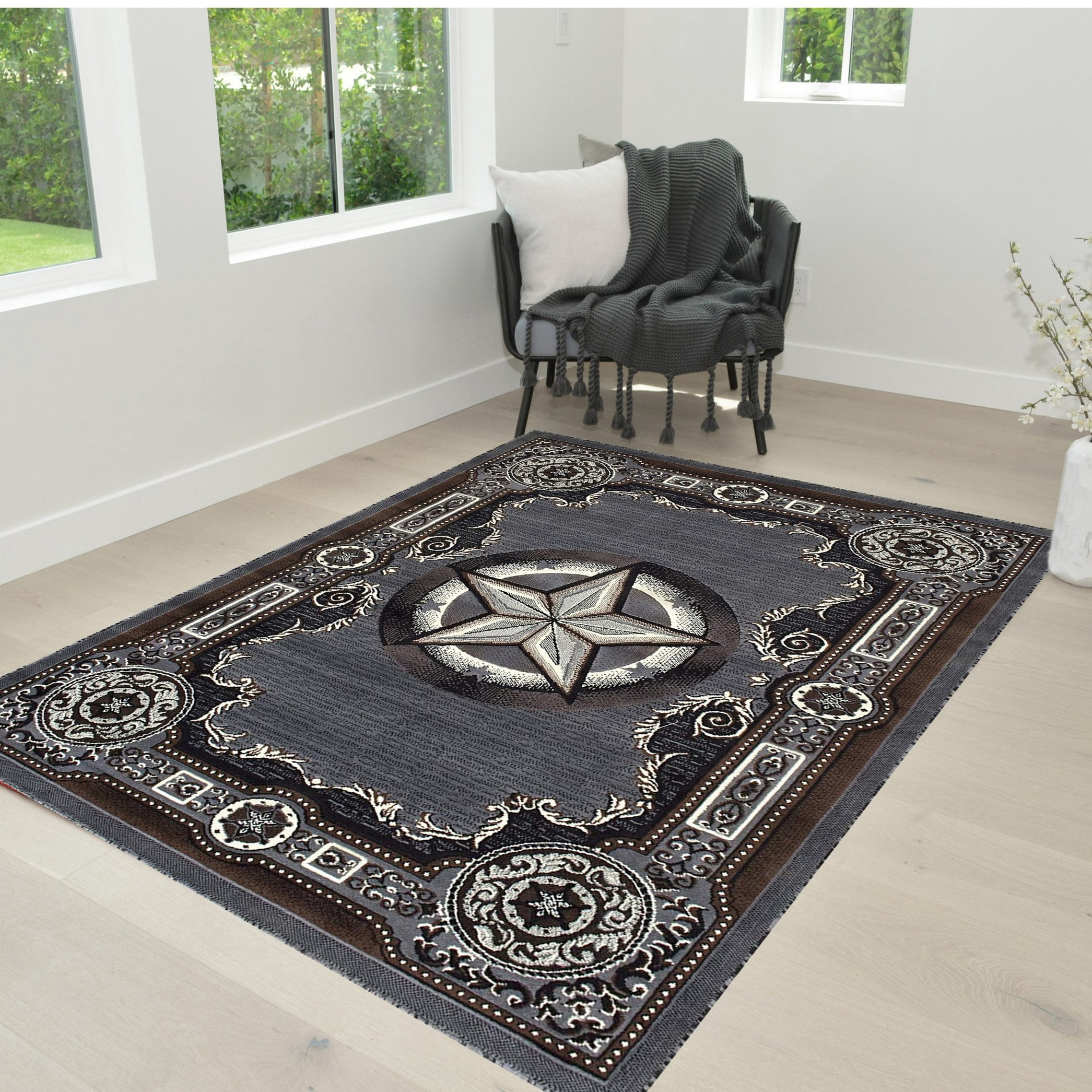 HR Texas Star Rug 5x7 Traditional Accent Rug in Gray with Ivory Western ...