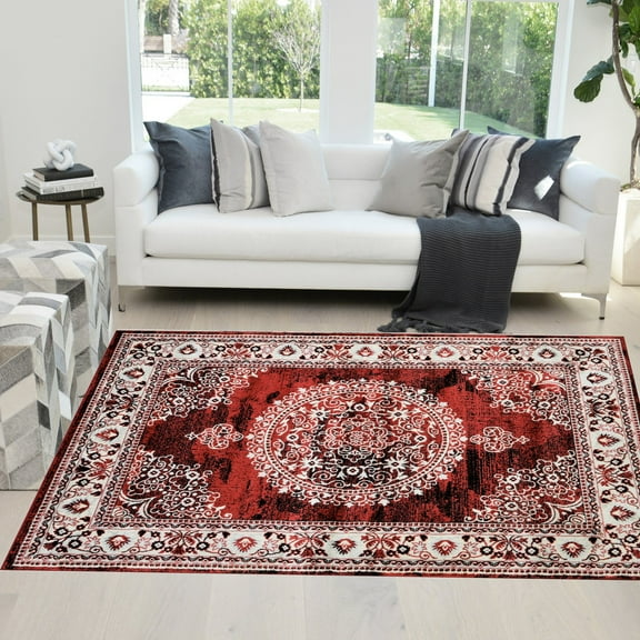 HR Traditional Rug for Living Room Antiqued Oriental Black & RedArea Rug 5x7 Boho Dcor Rugs for Bedroom