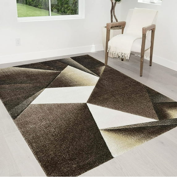 HR Triangle Boxes Thick Soft Plush 3D Textured Ruh 5' x 7' Area Rugs, cappocino and Multicolor