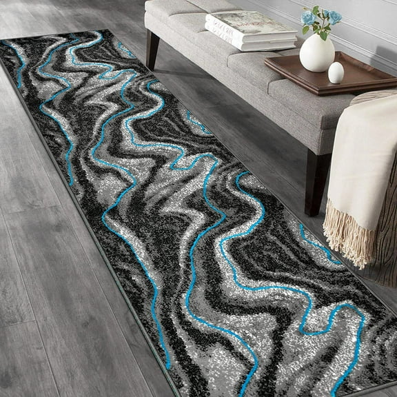 HR Turquoise Grey Black Modern Contemporary Abstract Area Rugs Marble Pattern, 2' x 7' Runner