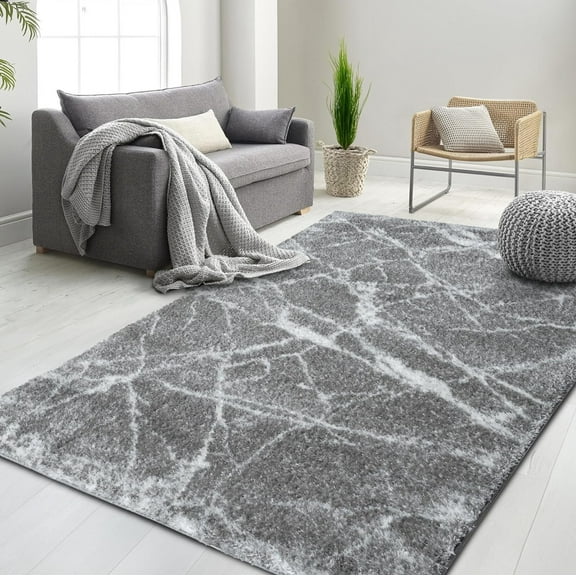 HR Ultra-Soft Carbon Grey Shaggy Rug with Elegant Marble Pattern  Luxurious High Pile Area Rug for Contemporary Home Dcor