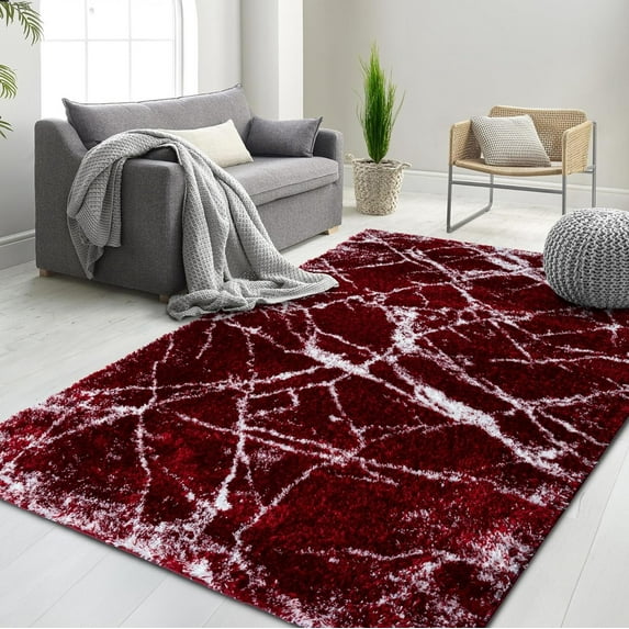HR Ultra-Soft Cobalt Red, Burgundy and White Shaggy Rug with Elegant Marble Pattern Luxurious High Pile Area Rug for Contemporary Home Dcor