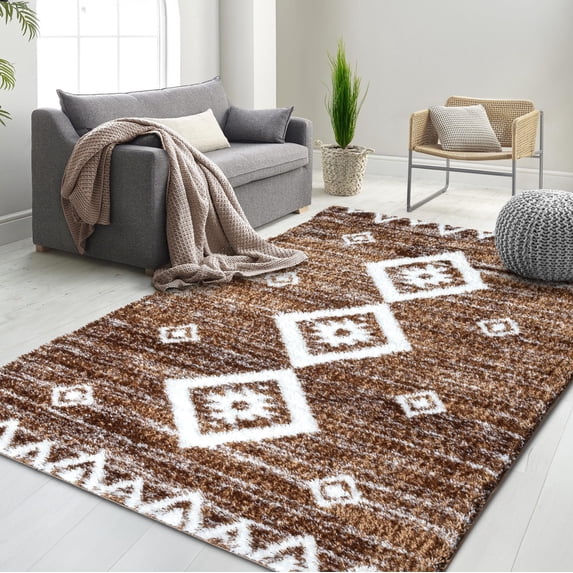 HR Ultra-Soft Shaggy Area Rug with Southwestern Diamond Pattern Chocolate Brown and White, Plush 1-Inch Pile, Easy Clean, Quick Crease Recovery Ideal for Living Room, Bedroom