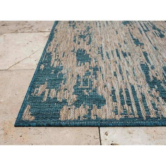HR Waterproof Abstract Outdoor Rug - Stain and Fade-Resistant - Sand/Blue/Multicolor