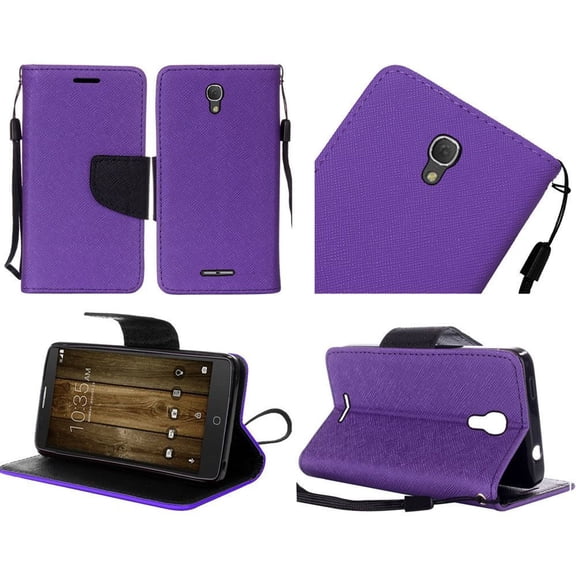 HR Wireless Stand Folio Flip Leather Case Cover For One Touch Fierce 4/Pop 4+, Purple/Black
