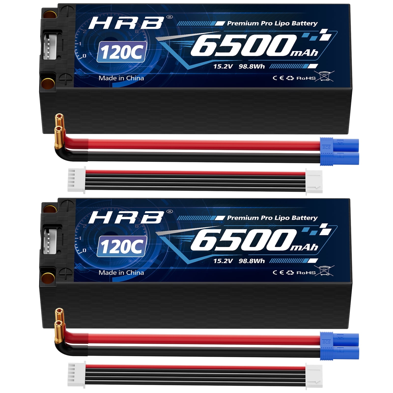 HRB 2pcs 15.2V 4S 6500mAh High Voltage LiPo Battery EC5 for RC Car Truck Buggy