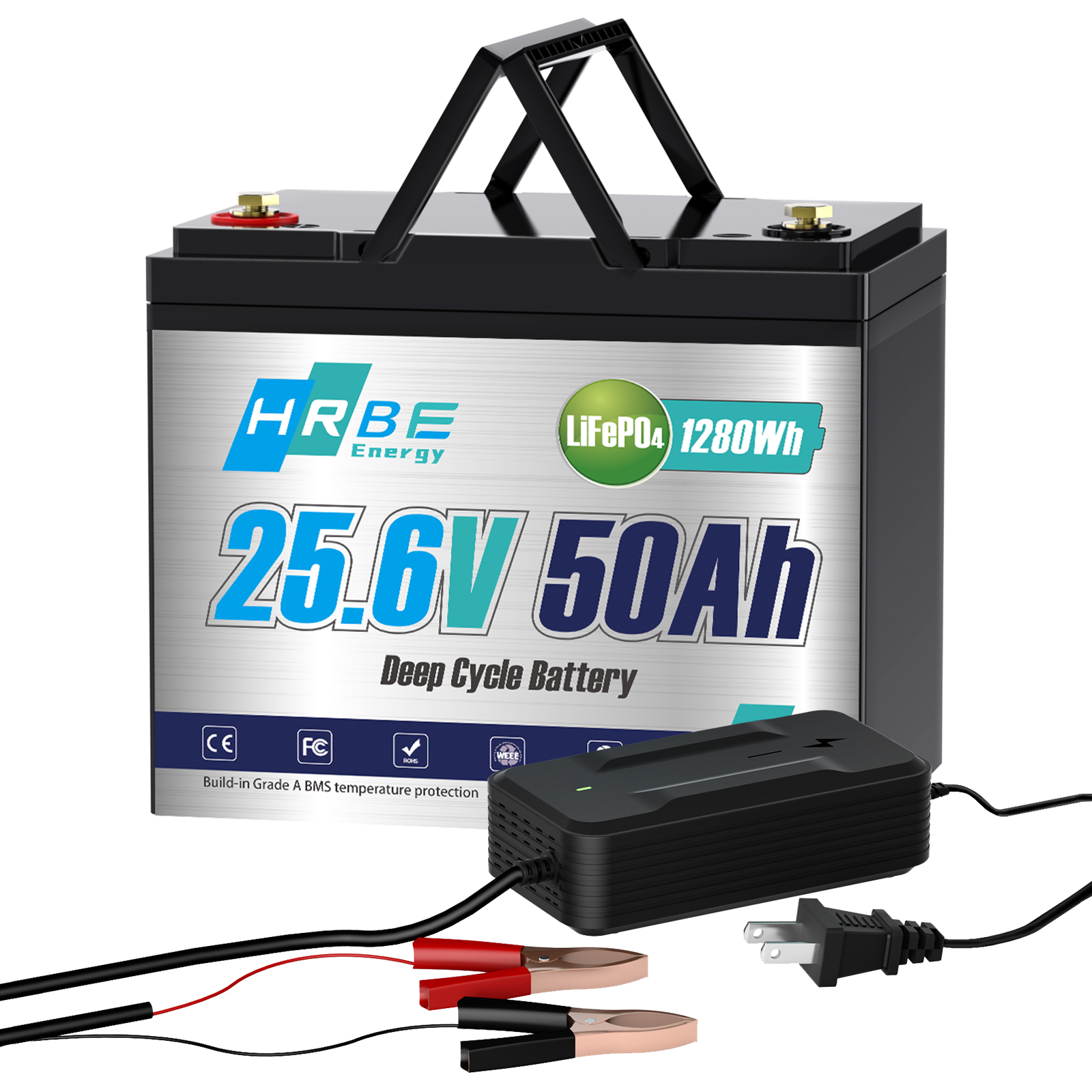 24V 50Ah LiFePO4 Battery with Charger,HRBEENERGY Group 24 Lithium Batteries for RV,Solar,Marine,Boat,Trolling Motor,off-Grid,50A BMS,15000+ Deep Cycle