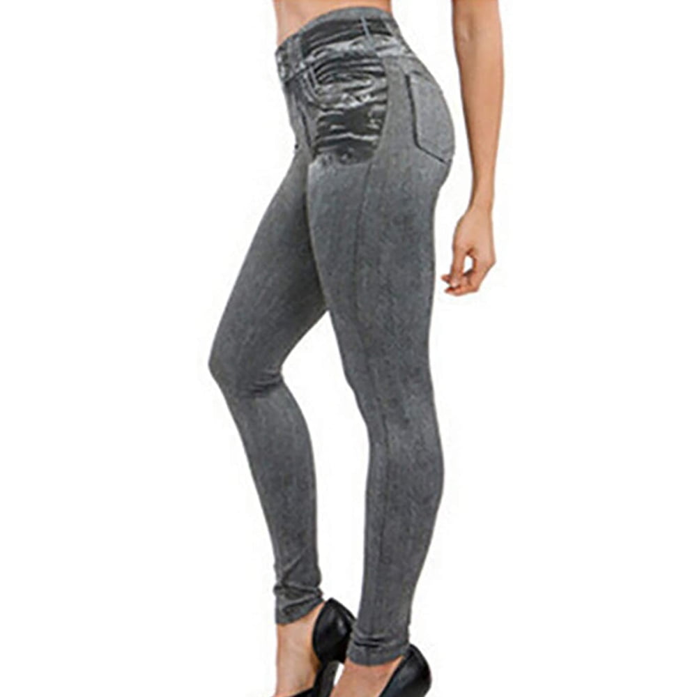 HRSR Yoga Hot Style Women High Waist Thermals Faux Denim Jeggings