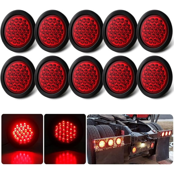 HRT 10-Pack 4" Round Red LED Trailer Tail Lights - 24 LED Stop/Turn/Brake Lights, Waterproof Flush Mount with Grommets & Pigtails, 12V, for Trucks/RV/UTV