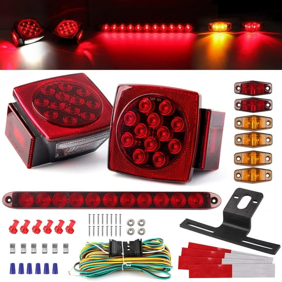 HRT 12V Trailer LED Light Kit, 2x Square Stop Turn Tail Lights, 25ft Harness, 6x Marker Lights, 15" 11LED Brake Light Bar