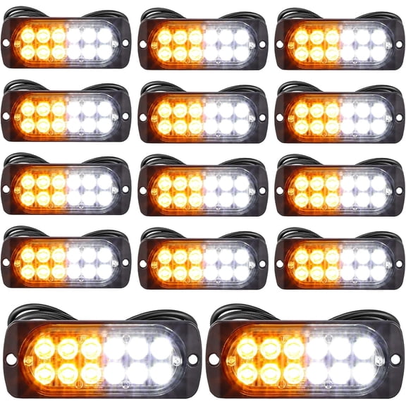 HRT 14 Pcs 12 LED Strobe Lights, Surface Mount, Amber/White, 12-24V for Tow Trucks Construction Vehicles