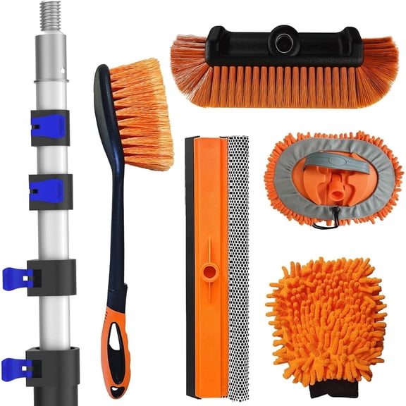 HRT 26Ft Reach Car Wash Kit with 5-20FT Telescopic Extension Pole, Car Wash Brush with Long Handle, Wheel Tire Brush, Car Wash Mop, Mitt, Squeegee for Cleaning Car SUV RV Boats Solar Panels