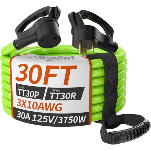 HRT 30FT 30 Amp RV Extension Cord, NEMA TT-30P to TT-30R, 10/3 Gauge Heavy Duty STW, Waterproof with Grip Handle, 3750W, ETL Listed