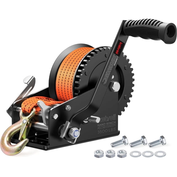 HRT 3500 lb Boat Trailer Winch with 33 ft Strap, 2-Way Ratchet 4:1/8:1 Gear Heavy Duty Hand Winch – Orange