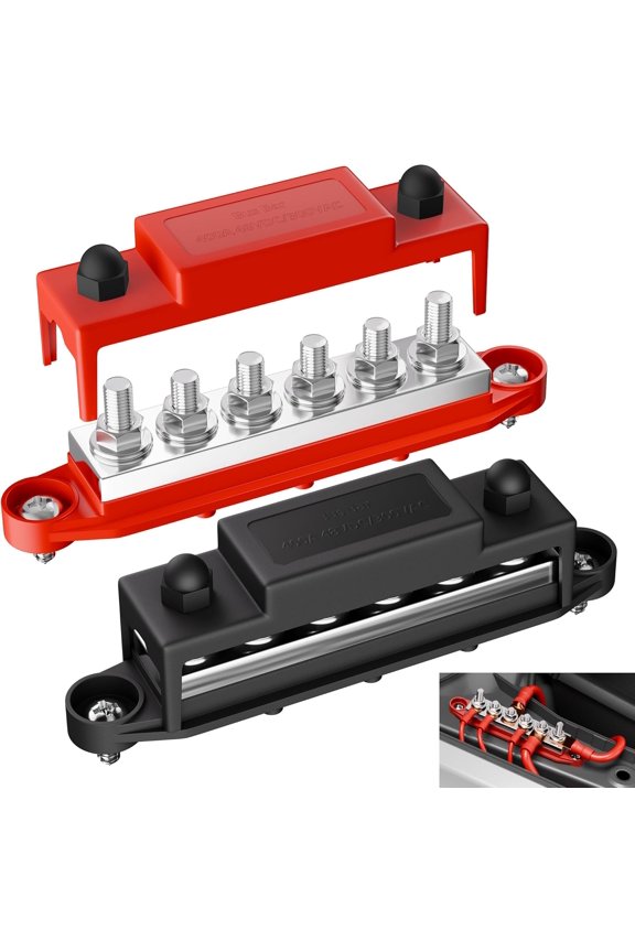 400A 12V Power Distribution Block Bus Bar - 6 x 5/16"(M8) Studs, 48V Marine Copper Terminal Block for Automotive, Car, Boat, Solar (Positive & Negative)