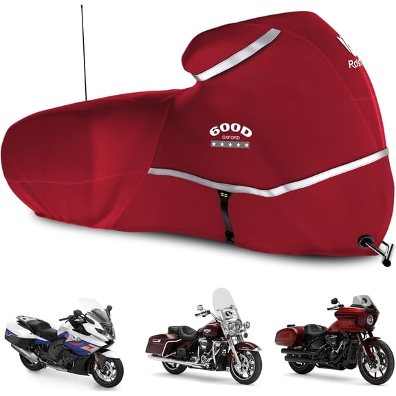 HRT 600D Waterproof Motorcycle Cover with Side Box for Harley Touring Models (Road King, Road Glide, Street Glide), Indoor/Outdoor, Red