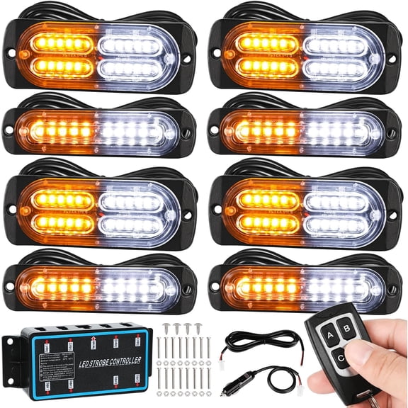HRT 8 Pcs 12-24V LED Strobe Lights, with Main Control, Amber/White, Ultra Slim Surface Mount Synchronized for Trucks SUVs
