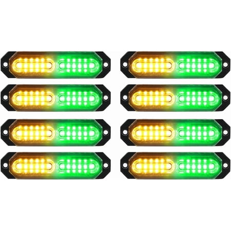 HRT 8pcs 12-LED Surface Mount Strobe Lights, Sync Feature, Amber/Green for Truck Car Vehicle