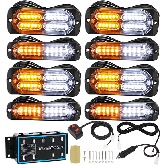 HRT 8pcs Ultra Slim Sync Feature Surface Mount Strobe Lights, Amber/White, with Controller and Wiring Harness for Car Truck