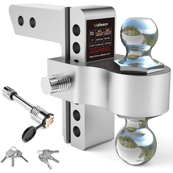 HRT Adjustable Trailer Drop Hitch for 2" Receiver (6" Drop)- Dual Ball (2" & 2-5/16"), 12,500 lbs GTW, Chrome Balls, Aluminum with Anti-Theft Pins