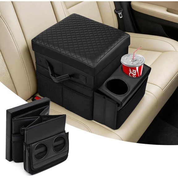 HRT Foldable Bench Seat Center Console, Car Armrest Organizer Box with 2 Large Cup Holders & Massive Storage, Universal Portable Trunk Console Arm Rest for Car/Truck/Van/SUV Rear Organizers Back Seat