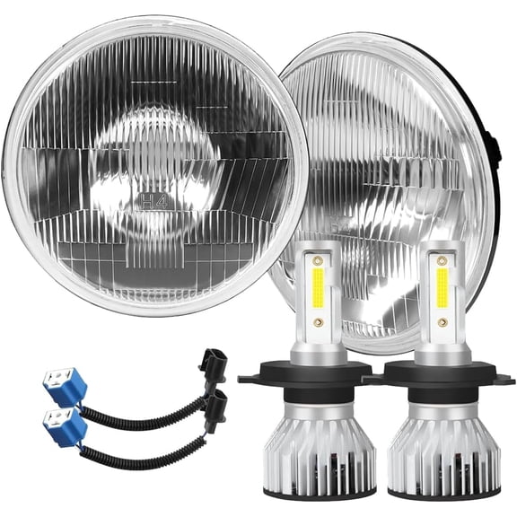 HRT H4/9003 LED Headlight Bulbs + 7 Inch H6024 Glass Round LED Headlight Housing, Hi/Lo Beam, Classic Look Conversion Kit