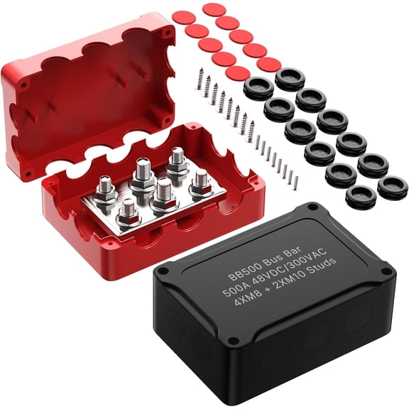 HRT Heavy Duty 500A Waterproof Bus Bar Power Distribution Block&nbsp;- 4*5/16"(M8)+2*3/8"(M10) Studs, 48V DC with Cover (Positive & Negative)