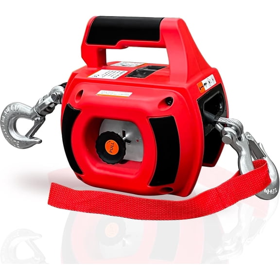 HRT Portable 1000 lb Drill Powered Winch with 40 ft Alloy Steel Wire Rope for Lifting, Dragging, Handling, Trailer – Red