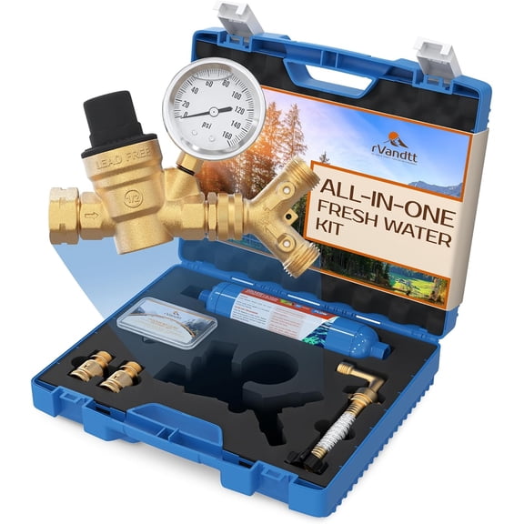 HRT RV Fresh Water Kit&nbsp;- Includes Water Pressure Regulator, Inline Filter, Hose Splitter, Brass Elbow, Quick Connects, Leak Repair Kit & Carrying Case