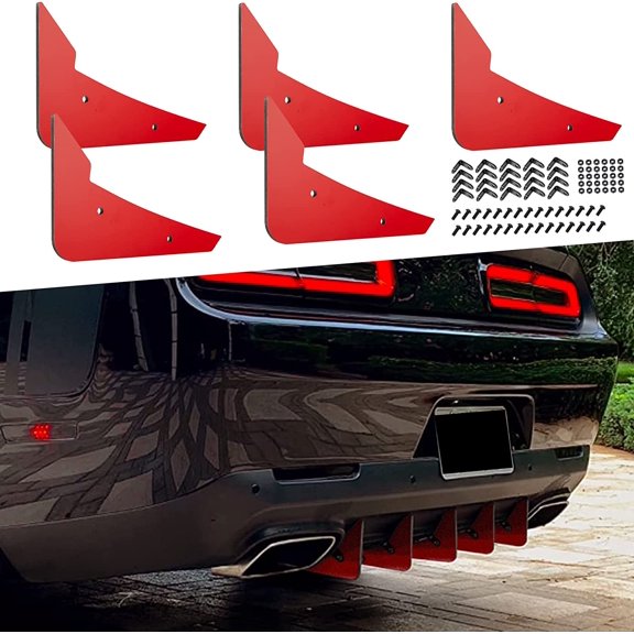 HRT Rear Diffuser V3 5 Fins Set for 2015-2024 Dodge Challenger Stock Rear Bumper, Red Rear Bumper Diffuser Shark Fins