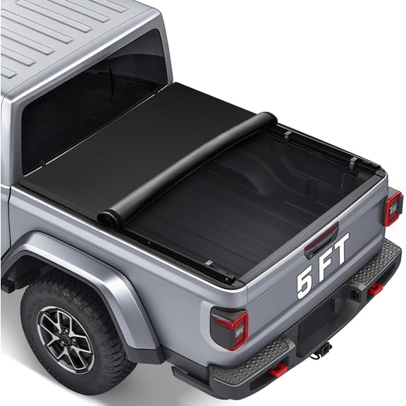 HRT Soft Roll-Up Tonneau Cover for 2020-2026 Jeep Gladiator JT 5ft Bed – With/Without Track Rails, 26.5oz Vinyl, Black