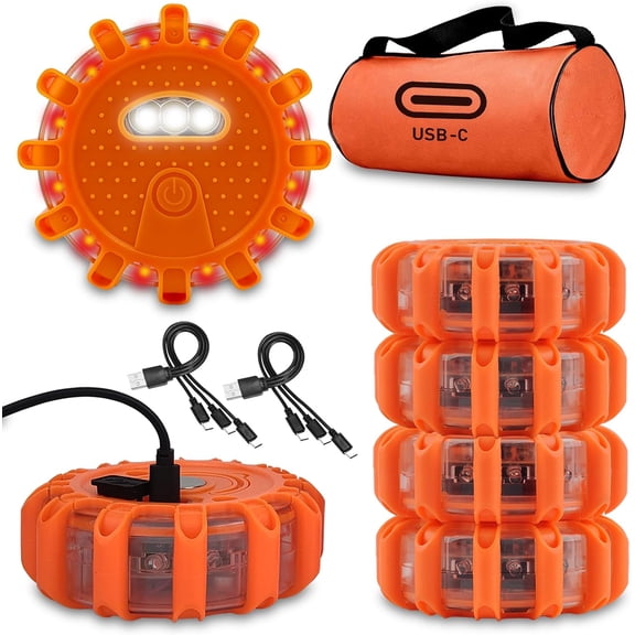 HRT USB-C Rechargeable LED Road Flares, Large Capacity Lithium Battery, 3 in 1 Cable, Magnetic Base, Roadside Warning Kit