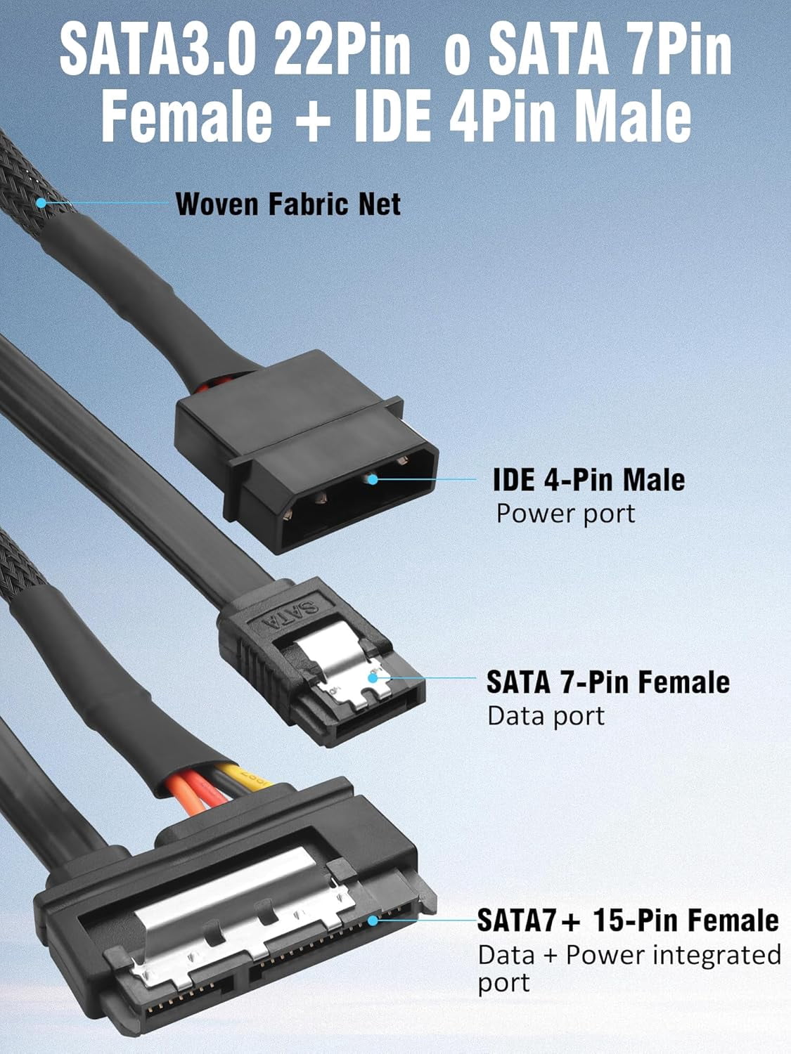 HRTGFD-0.5M 22 Pin SATA 3.0 Power Data Extension Cable for HDD,SSD,Optical Drives,6Gbps SATA(7+15Pin) & Sata III 7 Pin Female to 4 Pin LP4 IDE Male 2-in-1 Braided Power Cord (2 Pcs)