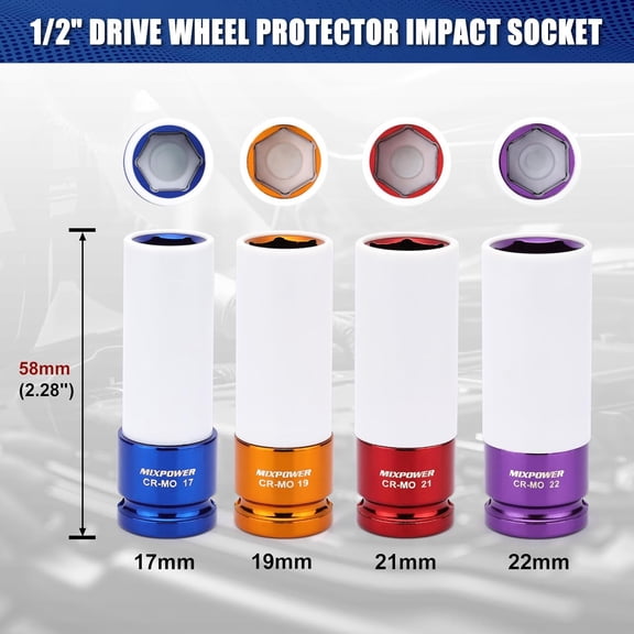 HRTGFD-1/2" Drive Wheel Protector Impact Socket, 4 pcs Thin Wall Deep Impact Socket Set, Durable Plastic Sleeve Lug Nut Socket, 6 Point, Metric, 17mm,19mm,21mm,22mm