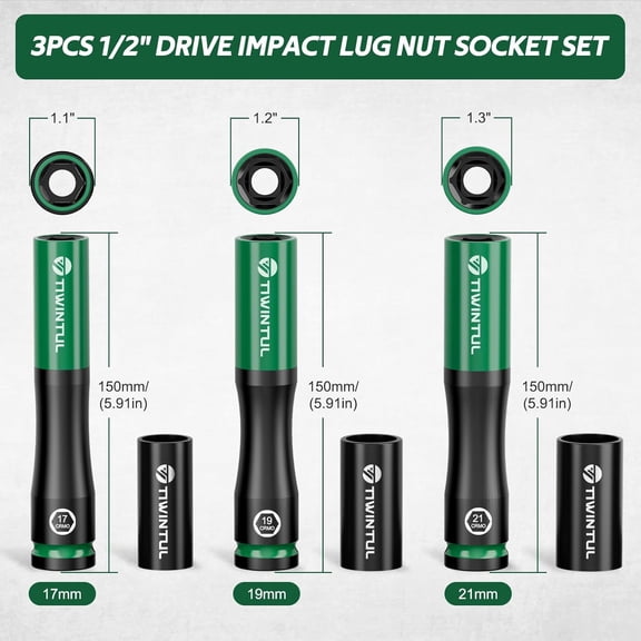 HRTGFD-1/2" Extra Long Lug Nut Socket Set, 6Pcs Non-Marring Wheel Protector Impact Deep Socket Set, Metric 17 19 21 mm, CR-MO Steel & 6-Point, Thin Wall 150mm Deep Socket with 3 Protective Covers