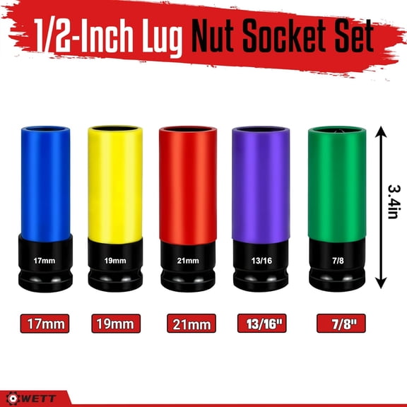 HRTGFD-1/2-Inch Drive Lug Nut Socket Set, 5-Piece Wheel Protector Thin Wall Deep Impact Socket with Color-Coded Protective, (Metric 17mm, 19mm, 21mm & SAE 13/16" 7/8") CR-V Steel, 6 Point, Non-Marrin