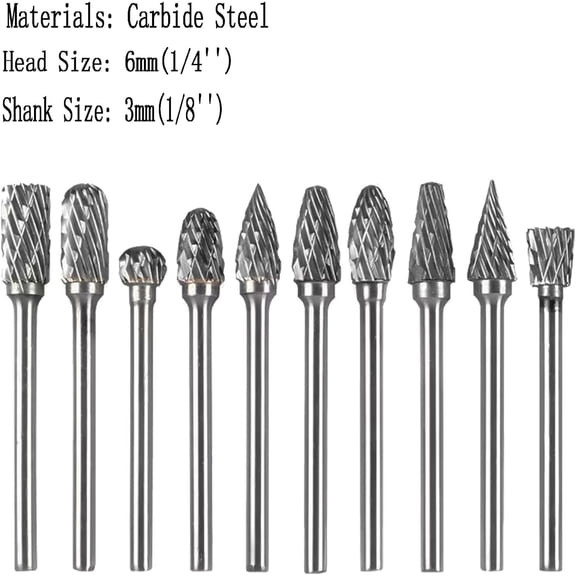 HRTGFD-10 pcs Aluminum Cutting Burs - 1/8'' Shank Double Slot Tungsten Carbide Burrs Drill Bit Set for Rotary Tools