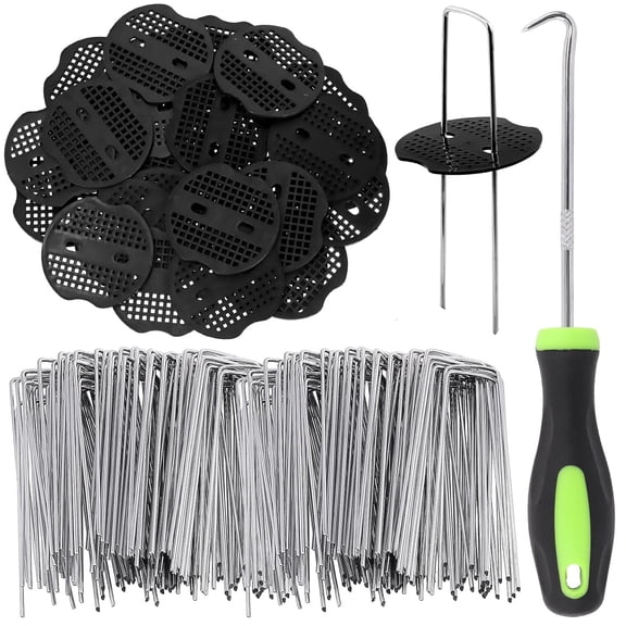 HRTGFD-101pcs Garden Stakes Staples Kit, 50pcs 6 Inch U-Shaped Landscape Staples, 50pcs Fixing Gasket with 1pcs Pick Hook for Weed Barrier Fabric, Ground Cover, Holding Fence and Artificial Turf