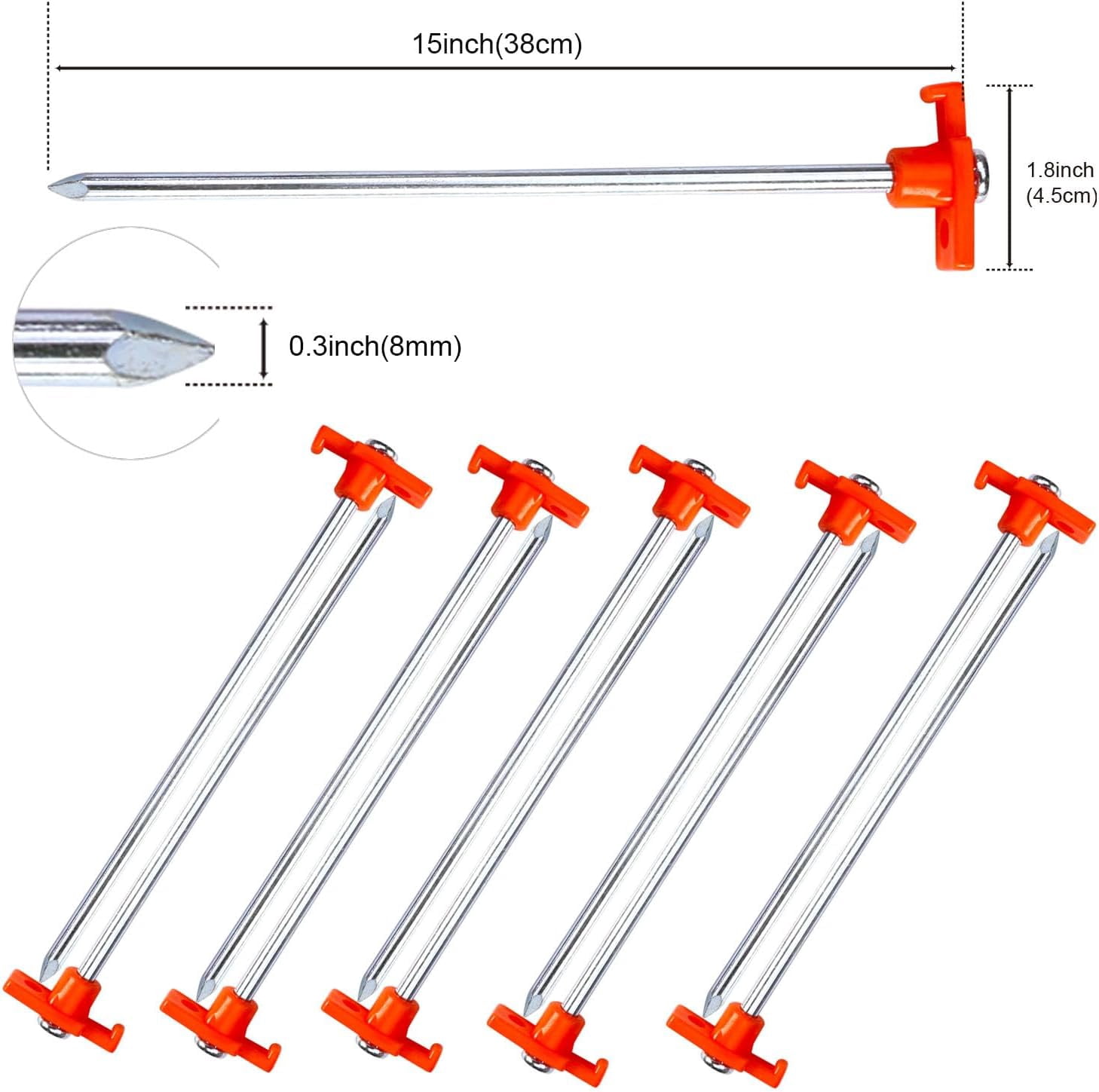 HRTGFD-11 Inch Tent Stakes 10 Pcs Non-Rust Metal Ground Anchors, Heavy Duty Spikes with 4 Ropes for Outdoor Camping, Orange