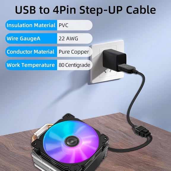 HRTGFD-12V Step-Up USB to Fan Adapter, USB to 3Pin/4Pin Full Speed PC Fan Power Adapter Cable (1.6FT/0.5M)